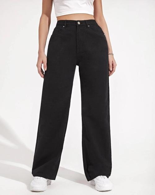 BuyNewTrend Black Denim Straight Wide Leg Women Jeans