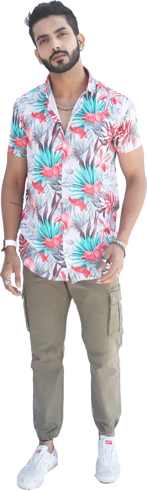 Harpita Men Orange Floral Print Cotton Rayon Blend Beach Shirt