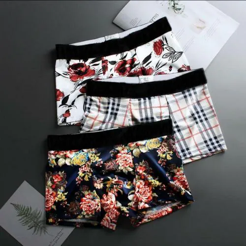 Rainsoul Briefs Underwear 3Pcs/Lot Men Underwear Boxers Shorts Print Ice Silk Smooth U Convex Design Cueca Boxer Sexy Underpants silk cotton comfortable short long innerwear boys floral multidesign multicolor (PACK OF 3) - M
