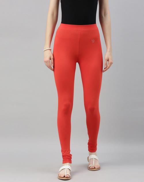 TWIN BIRDS Women Coral Red Solid Cotton Churidar-Length Leggings