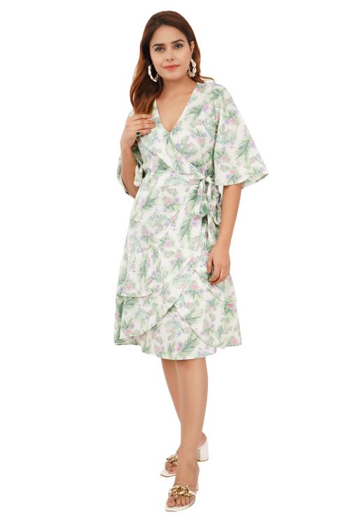 Edla Green Printed Layers Wrap Dress for Girls and Women , L