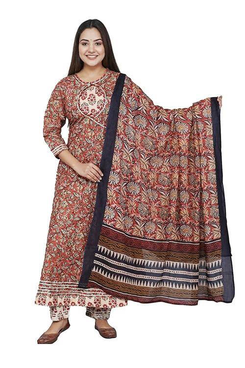 Femeone Women Kalamkari Maroon Cotton Kurti pant and dupatta Set - 2XL