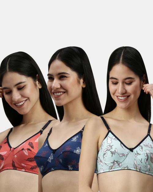 Kryptic womens Aqua,Orange & Insignia blue Printed Cotton Bra Pack of 3