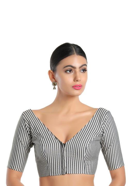 Salwar Studio Women's Grey Cotton Blend Front Open Readymade Saree Blouse