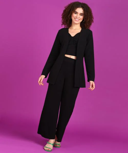 Popwings Women Casual Black 3 Pieces Co-Ords Set | Top Blazer and Trousers Set | Women Coat Trousers Set | Women Waistcoat Trousers Set