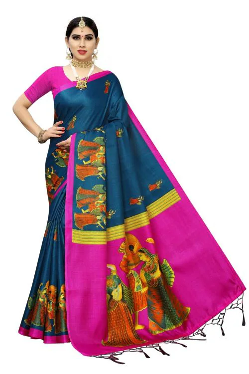 Yashika Women's Rama Madhubani Printed Art Silk Saree With Blouse Piece