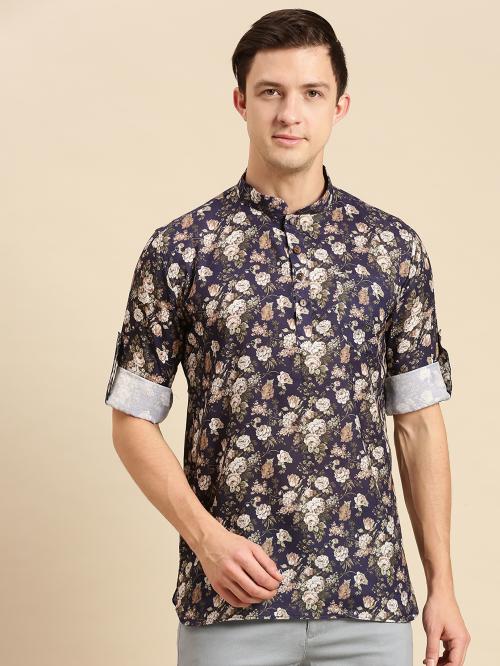 Sanwara Men Printed Cotton Rolled Up Sleeves Short Kurta PR_15