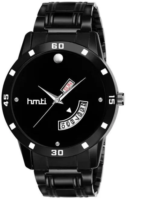 HMTI HM-6081 Black Metal Strap Day And Date Functioning Boys Analog Watch - For Men