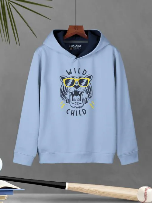 HELLCAT Blue Printed Cotton Blend Hoodie Sweatshirt For Boys