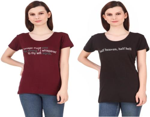 High Seas Women Multicolor Printed Cotton Blend Scoop Neck T-Shirts - M (pack of 2)