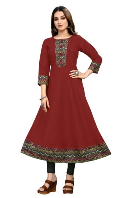 LAKADIYA TUNIC Women Printed Cotton Blend Anarkali Kurta (Maroon) XXL