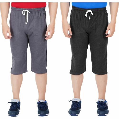 Guide Men Grey, Black Solid Pure Cotton 3/4 Shorts (XXL) (Pack of 2)