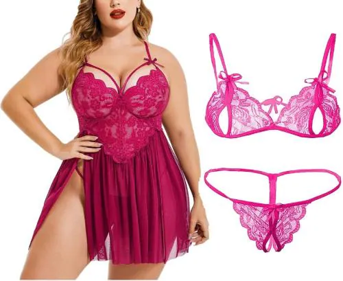 FASHION BONES Plus Size Combo Lingerie Lace Babydoll Womens Strap Chemise Nightgown V Neck Nighty Mesh Sleepwear Side Slit Nightdress (Pink) (Free Size)