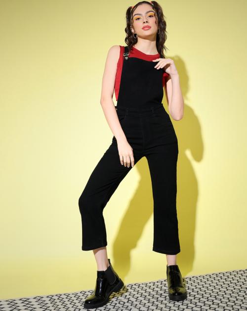 BuyNewTrend Black Solid Denim Dungaree Pant