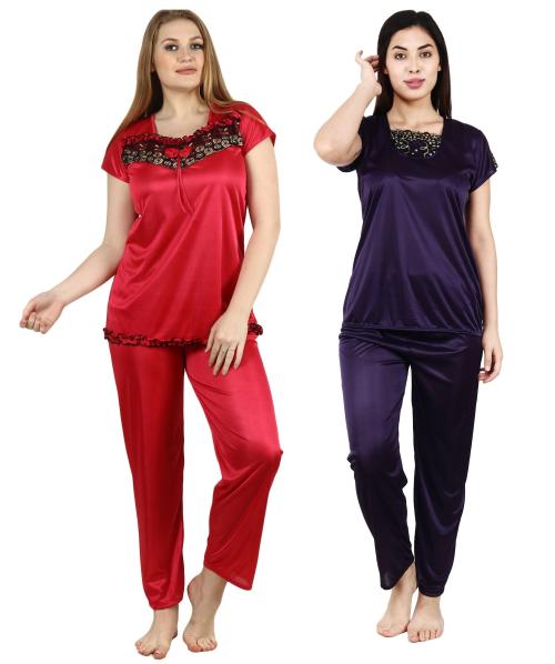 RE OK Women's Satin Nightwear Sleepwear Night Suit Top & Pajama Set Combo Set Pack of 2 Red purple