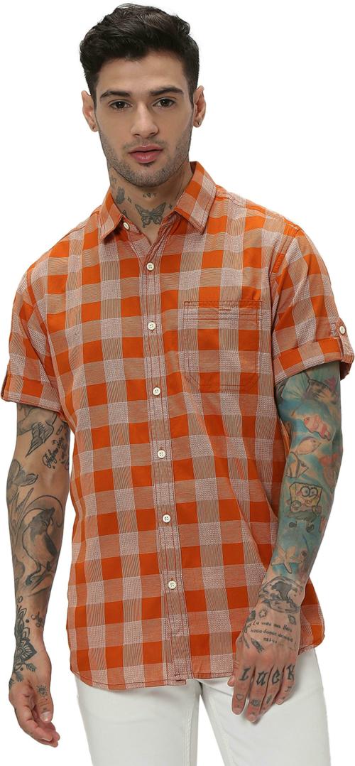 Mufti Rust & White Square Check Slim Fit Casual Shirt