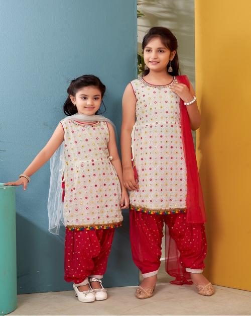 Muhuratam Girls White Sibling Collection Thread Mirror Embroidery With Lace Border Georgette Kurti Patiala Set