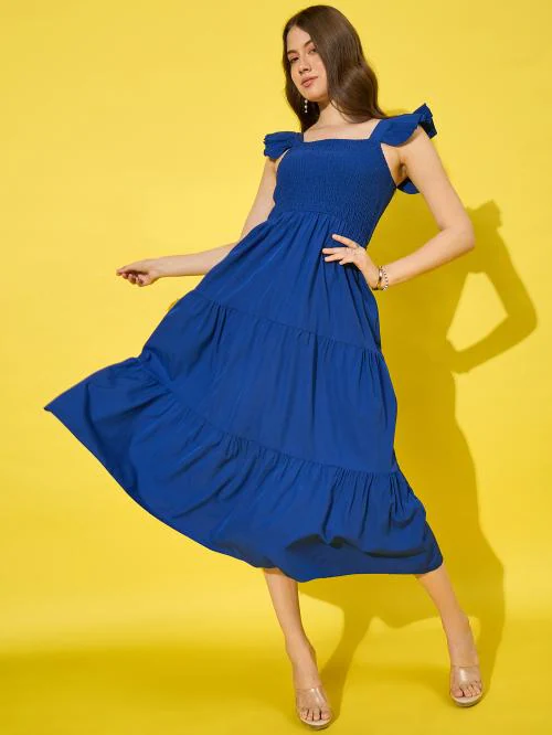 Buynewtrend Royal Ruffled Strap Dress Square Neck Smocked High Waist Women Maxi Dresses