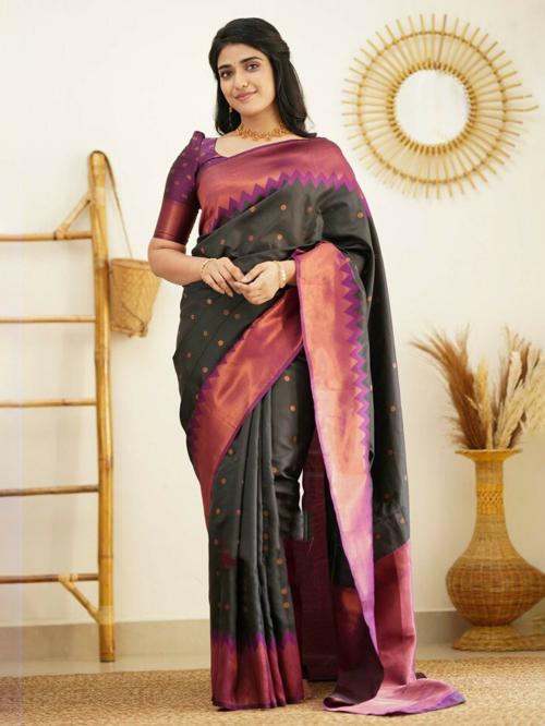 Yourwish Women Black Woven Cotton Silk Assam Silk Saree