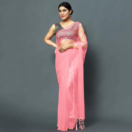 Crally Peach Self Designer Party Wear Bollywood Woman Net saree