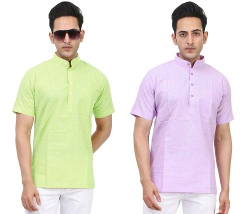 Kundan Men Light Pista Green & Light Purple Solid Pure Cotton Pack Of 2 Short Kurta