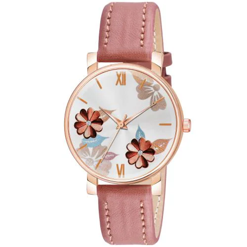 KIROH Grey Flower Dial Leather Strap Analogue Watch For Girls and Women
