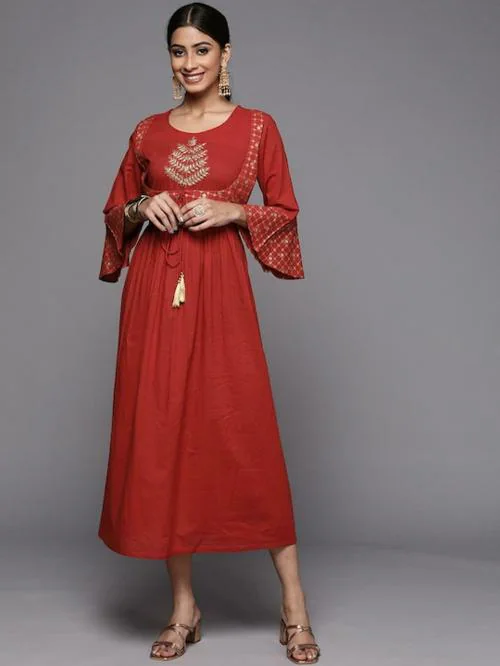 KSUT (House of Varanga) Women Red Ethnic Motifs Yoke Design Bell Sleeves Thread Work Kurta