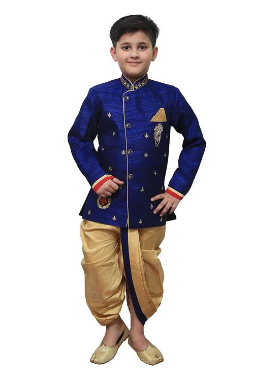 KLAUD ZEE Boys Navy Blue Cotton Blend Kurta And Pyjama Set