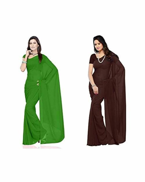 ORRUV Women Green and Coffee Brown Solid Georgette Saree with Blouse Piece (Pack of 2)