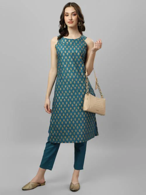 Shree Sheetal Fashion & Art Women's Gold Printed Boat Neck Kurta (Teal) (DFJK54)