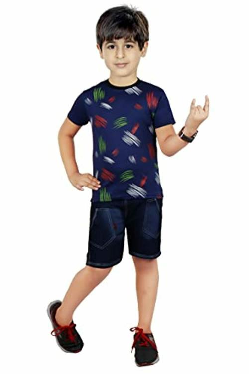 HIZUME Boys Blue Printed Half T-Shirt with Denim Half Pant Combo - 6-7 Y