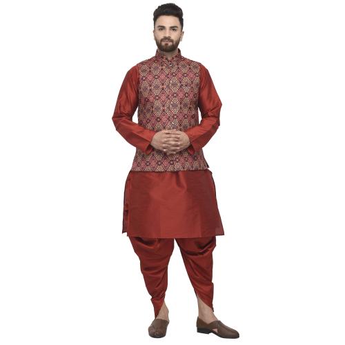 Banity Bey Men's Silk Blend Maroon Dhoti Kurta with Designer Ethnic Nehru Jacket /Modi Jacket/Waistcoat (Size: S, MRN_BOX)
