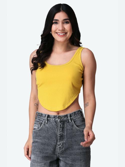 Popwings Women Casual Mustard Rib Strap Crop Top | Tops for Women | Tops For Women Stylish | Tops Latest Design For Women