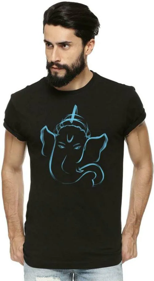 Deccan Store Men Black Printed Cotton Blend Round or Crew T Shirt S