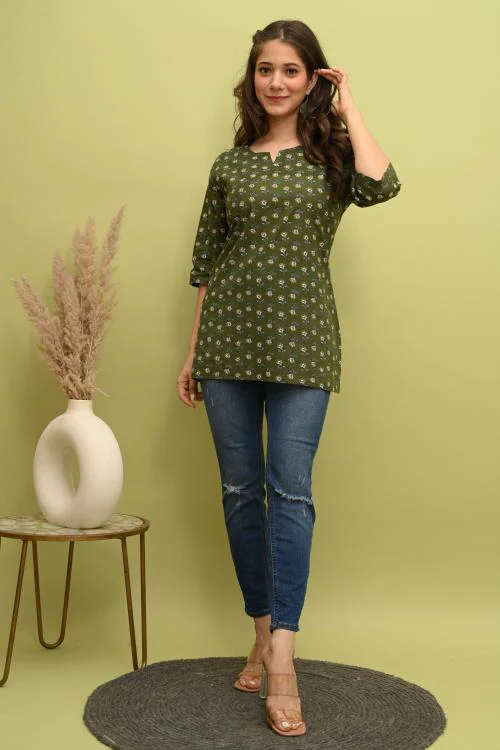 THE TINGE Women's Cotton Printed Top for Women & Girls|Women's Top|Short Kurta (Tops-Green-M)