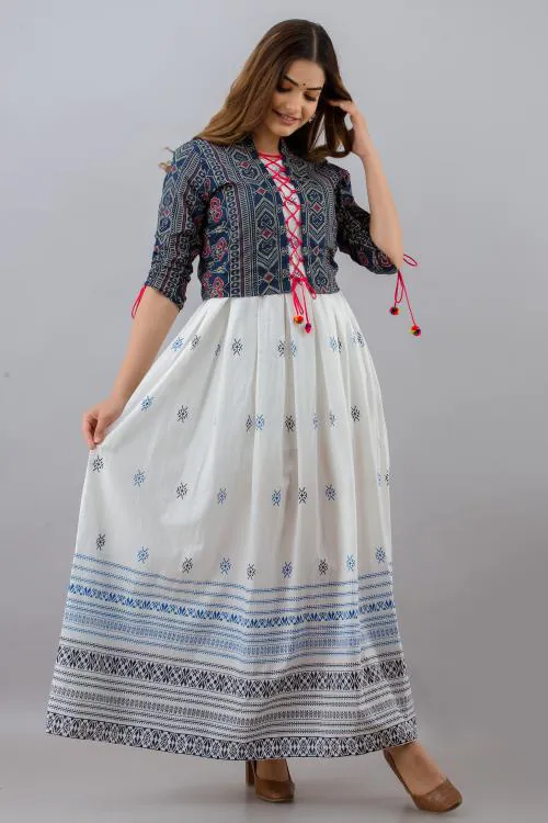 ftDiva Women White Tribal Cotton single Anarkali kurti