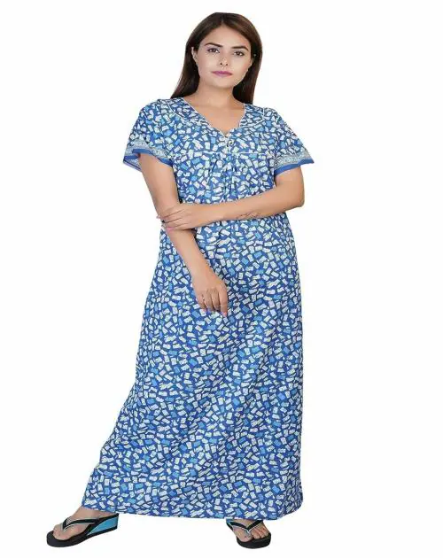 Buy DEEPSUNG(D. S) Women's Cotton Block Print Maxi Nighty 09 Online at