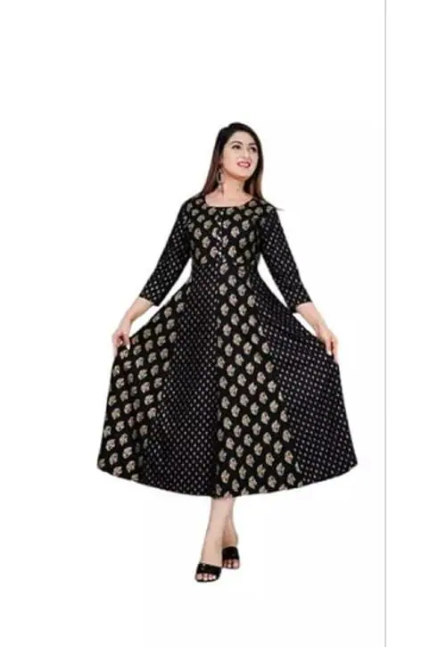 Fargin Women Printed Viscose Rayon Flared Kurta Trending Rayon Fabric Gold Print Women Anarkali Kurta (Black)