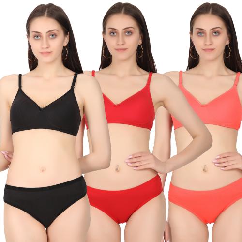 KOMY Multicolor Solid Cotton Blend Lightly Padded Lingerie Set - 38 (Pack of 3)