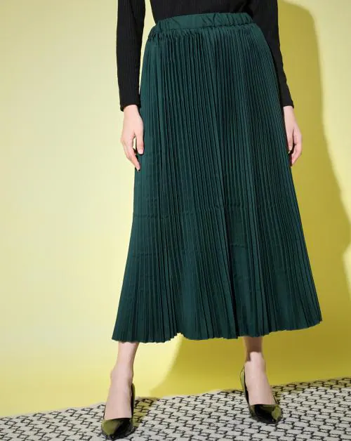 Buy BuyNewTrend Crepe Bottle Green Pleated Women Skirt | skirt for ...