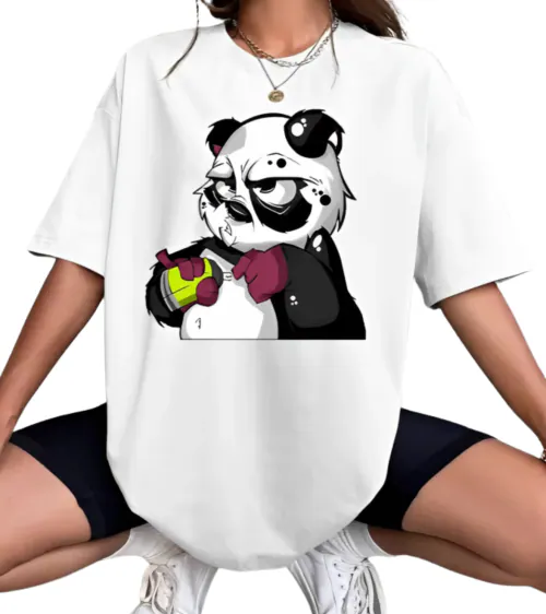 Calm Down Round Neck Printed Oversized Panda T-shirt For Women- 3/4-WOMEN-WHITE-PANDA-S