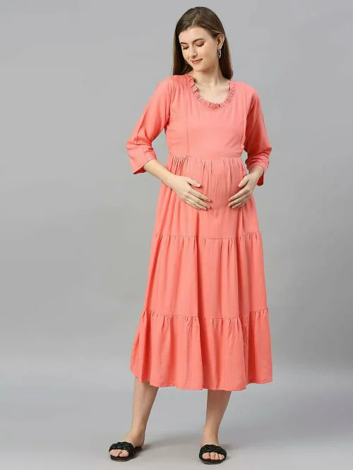 Aanyor Women Orange Solid Viscose Rayon Maternity A-Line Midi Dress (M)