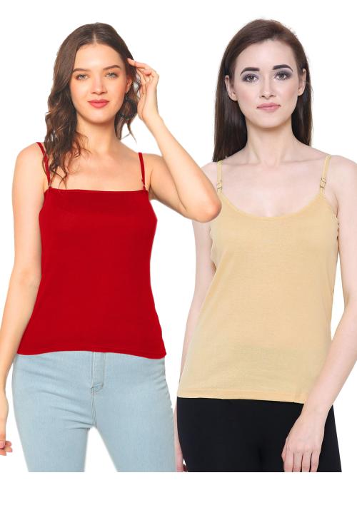 KEX Women's Red Beige Adusjustable Cotton Camisole Strap Sphagetti for Women Camisole for Girls Camisole for women Camisole Combo