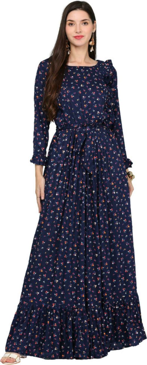 HSM HIGH Impero Embroidered Cotton Linen Stitched Flared/A-line Gown (Dark Blue)