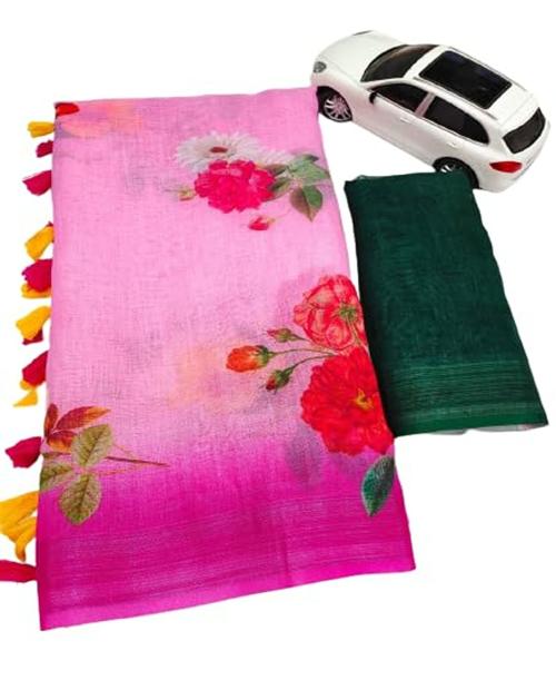 Planborn Women's Linen Floral Printed Saree With Blouse Piece
