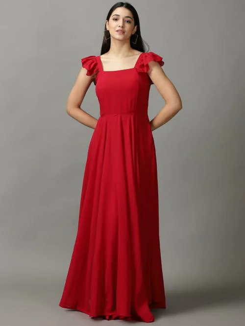 SHOW OFF Women's Maroon Solid Polyester Gown Dress