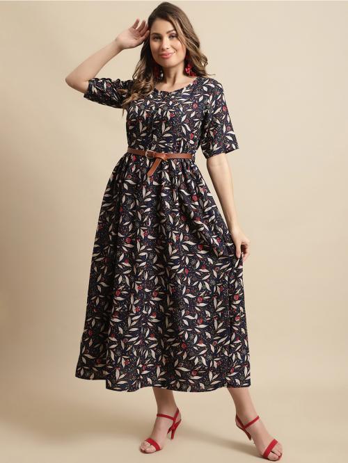 Fabflee Women Multicolor Printed Rayon A-line Dress (Maroon) | Dresses| Women Dress| Party Dress| Maxi| Western Dress| Printed Gown| midi dresses| Dress for Women| Maxi Dress for women