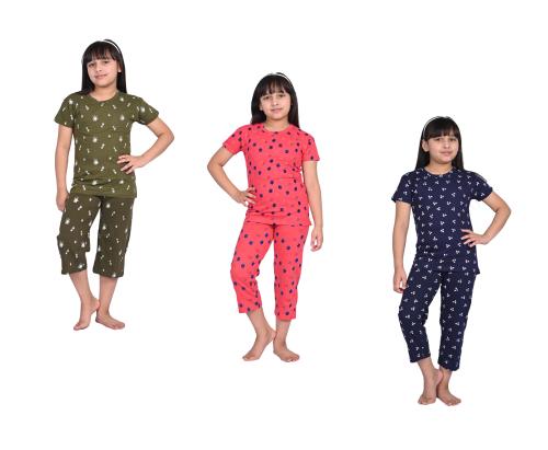 KAYU Girls Cotton Printed Nightsuits Tshirts and Capris Set (Pack of 3)