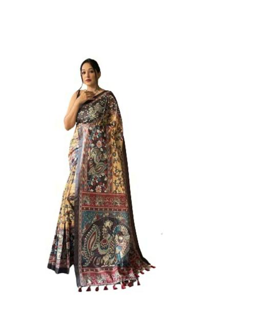 Leeli Peeri Designer Women Yellow Cotton Saree (Free Size)