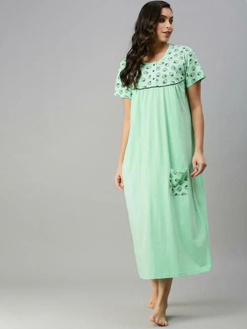 Kryptic Womens Pista green Cotton Printed Midi Nightdress